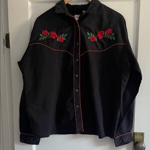Vintage Mid-West Garment Co Western black button up with rose embroidery